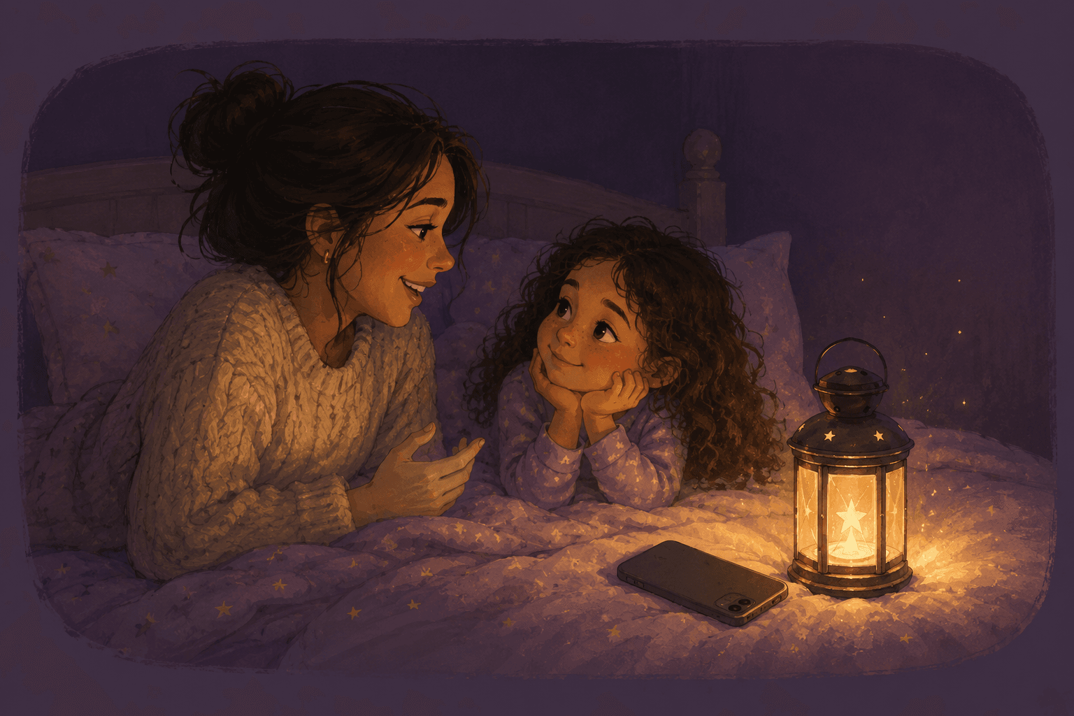 Parent and child sharing a story by lantern light