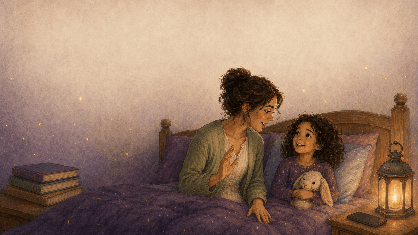 A mum and daughter cosied up at bedtime