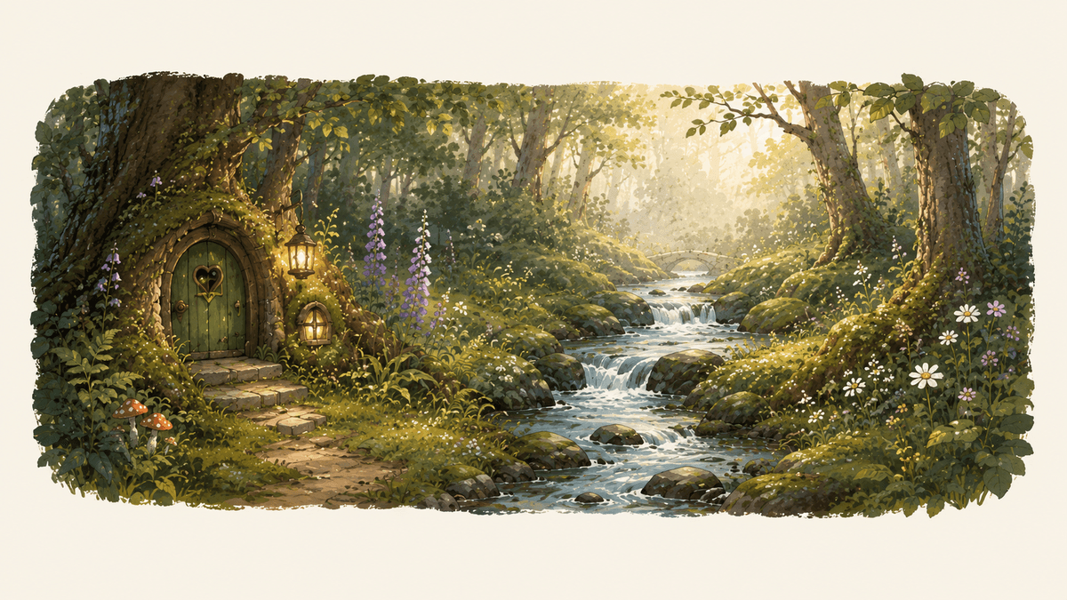 Polly's Enchanted Forest: a mossy woodland glowing with pixie light