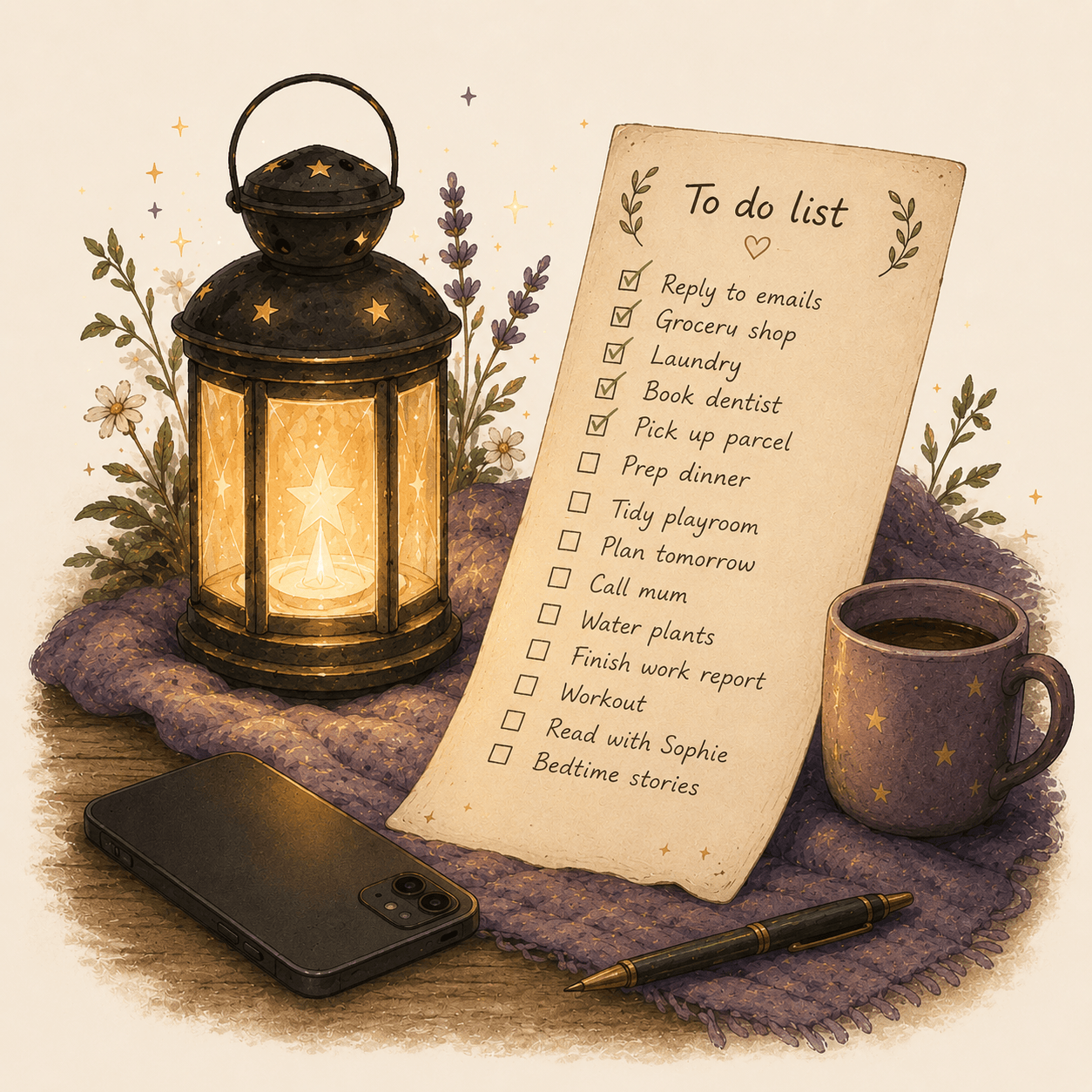 A parent's to-do list set aside beside a glowing lantern